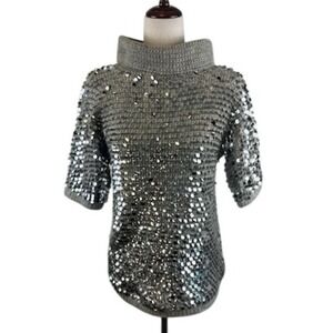 Vintage Gray Sequin Embellished Sweater Short‎ Sleeve Turtleneck Top Size Medium